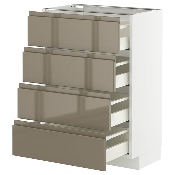 Modern kitchen cabinet, white with 4 shiny dark brown drawers, sleek handles, metallic finish.