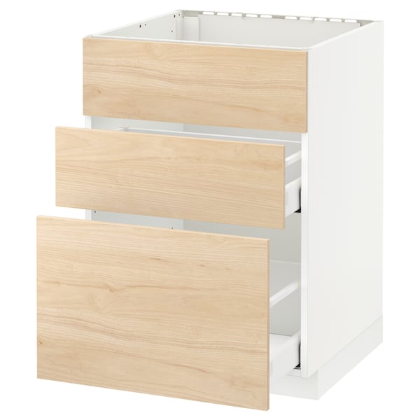 Modern kitchen unit, white & light wood. Three open drawers, sleek design.