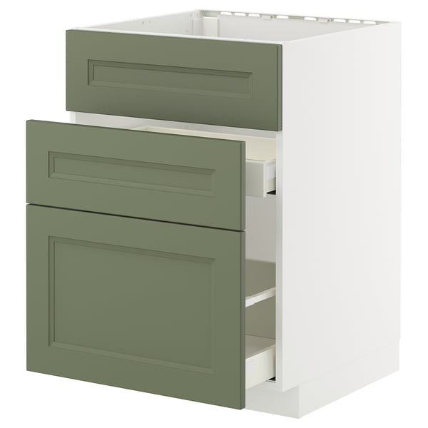 METOD kitchen unit, white with green drawer fronts, gray-green finish, soft close drawers.
