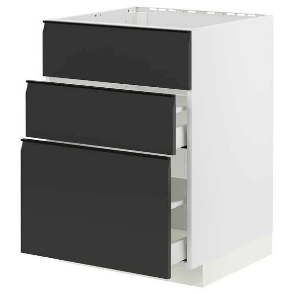 A white modern kitchen cabinet with three black drawers. The drawers have a sleek, minimalist design with integrated handles and smooth surfaces.