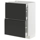 A modern white METOD kitchen cabinet with two matte black drawers featuring integrated handles and angled edges, set against a white background.