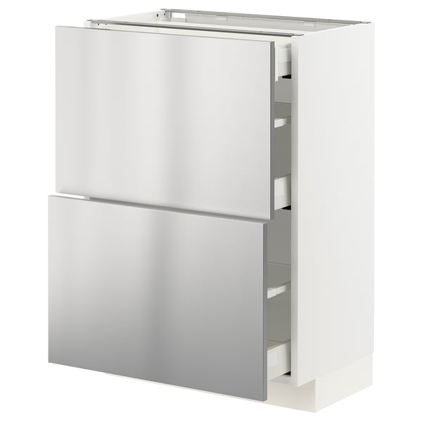 A white METOD kitchen cabinet with stainless steel drawers. The sleek, modern design smooth drawer fronts and a sturdy frame.