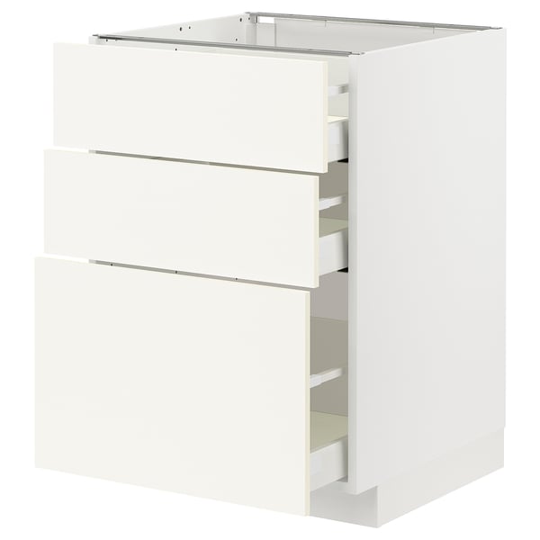 White METOD kitchen cabinet with three drawers. Modern, minimalist design with sturdy, smooth-running drawers.