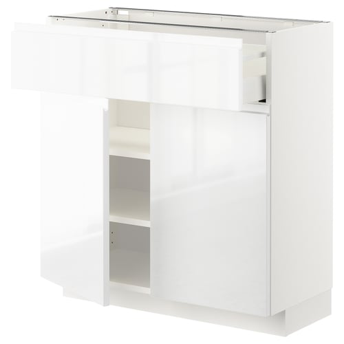 METOD high gloss white kitchen unit. Slim, modern design with sleek handles. Includes shelves and drawers.