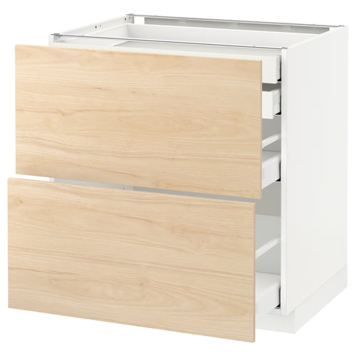 An ikea METOD white and light wood kitchen cabinet set with three drawers.