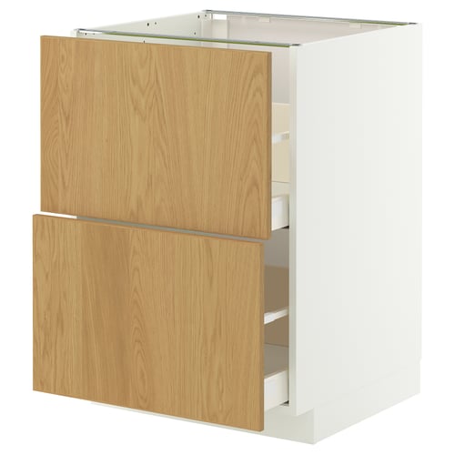 A white IKEA METOD kitchen cabinet with two light oak drawers. The cabinet is rectangular with a smooth finish.