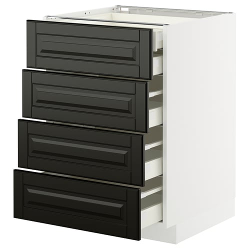 Modern white cabinet with four black drawers, sleek design.