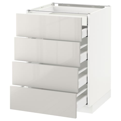 Depicts a white, modern kitchen storage unit by IKEA, featuring four fully extendable drawers in a sleek, high-gloss finish.