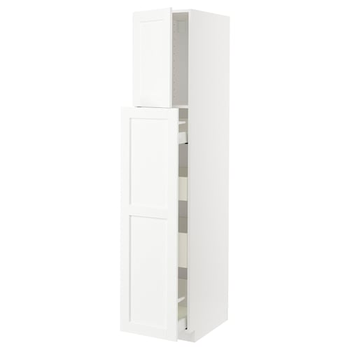 White kitchen cabinet with pull-out shelves, modern design.
