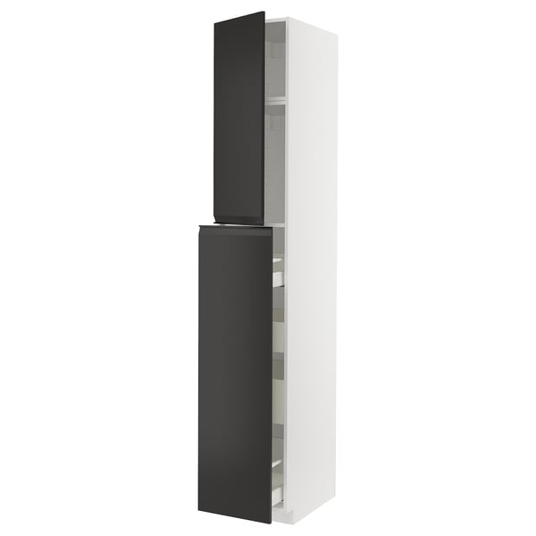 METOD kitchen cabinet, matte black doors, integrated handles, tall with drawers and shelves.
