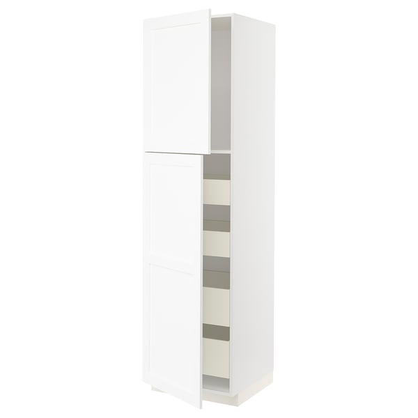 White wall cabinet from METOD kitchen system, tall with multiple shelves.