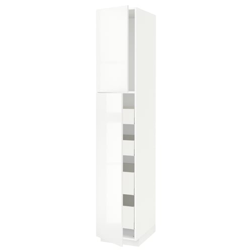A METOD modern, white high cabinet with multiple shelves, sleek design, and high gloss finish.