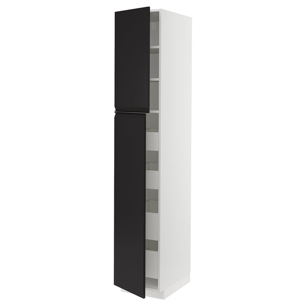 Modern black and white tall cabinet with multiple shelves, sleek design, and integrated handles.