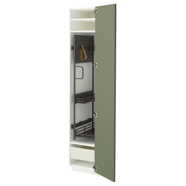 Open storage cabinet, METOD brand, grey-green, modern design, featuring adjustable shelves and drawer.