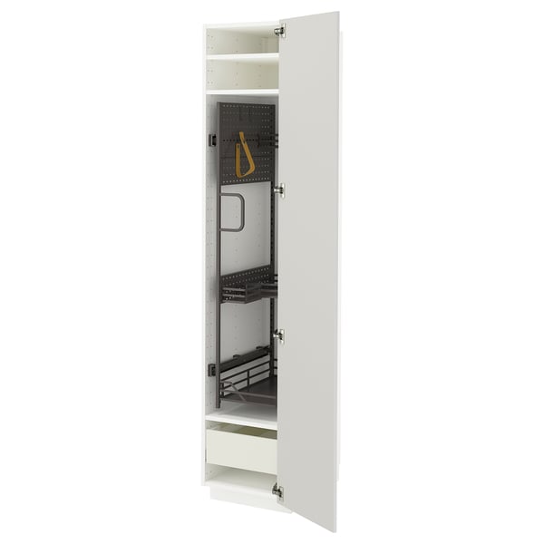 White vertical kitchen cabinet with adjustable shelves and soft-closing drawers.