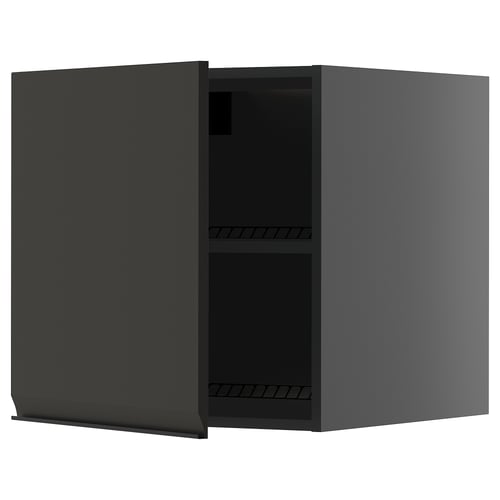 Open dark grey kitchen cabinet with matte finish and two shelves. Modern, minimalist design.