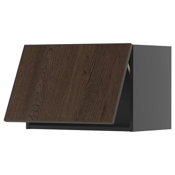 Dark brown wooden cabinet with sleek modern design. Rectangular shape, flat surfaces, and minimalistic style.