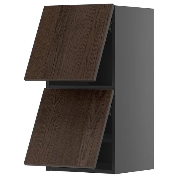 METOD kitchen cabinets: dark brown wood, grey frame, two sections.