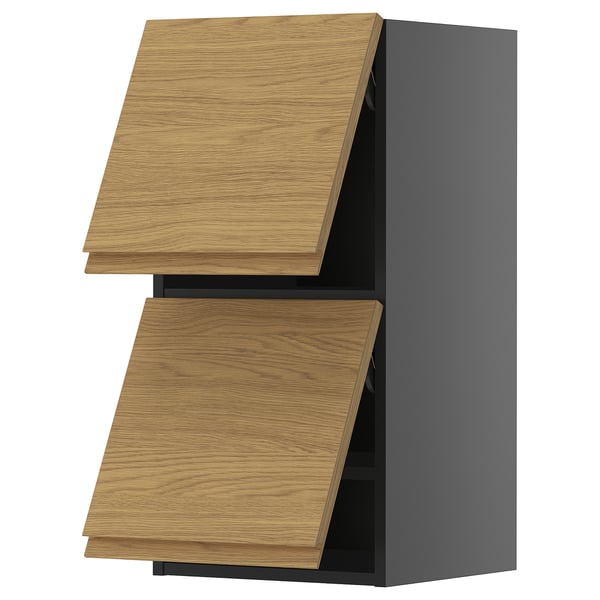 A modern kitchen cabinet, named METOD, featuring dark grey and oak-colored drawers with a sleek, minimalist design and integrated handles.
