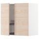A light wooden kitchen cabinet with a door open, revealing adjustable shelves and a wire dish drainer inside.
