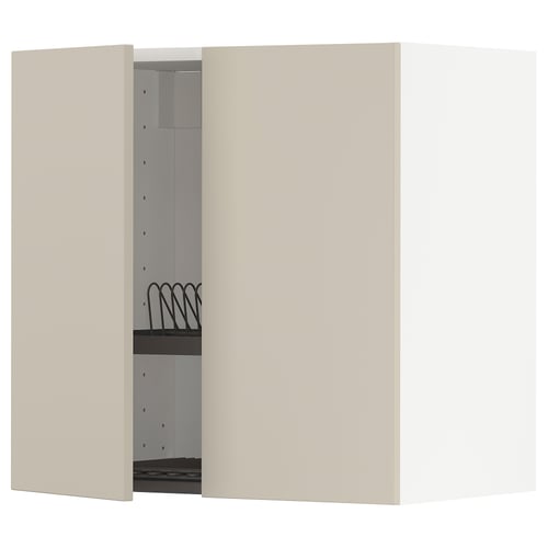 Beige METOD wall unit with open door and steel dish drainer.