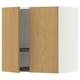 Wooden kitchen cabinet with light oak doors and metal shelf, one open, square white background.