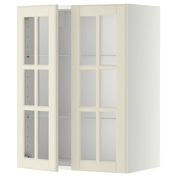 White METOD kitchen cabinet with frosted glass doors and adjustable shelves.
