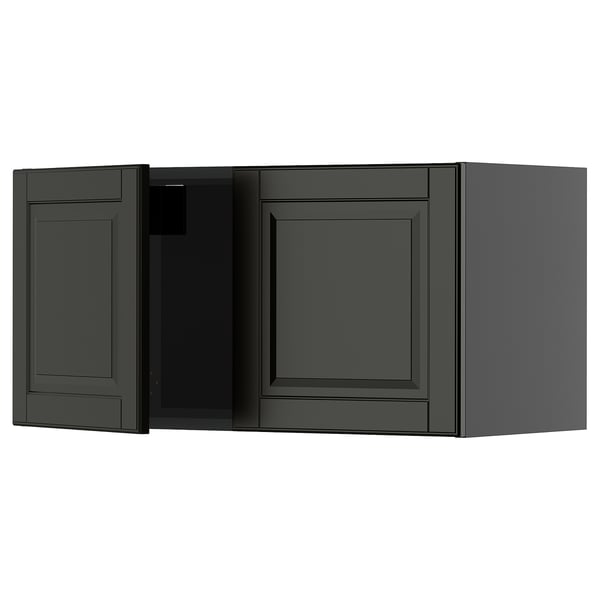 Dark grey kitchen cabinet with square doors and bevelled edges.
