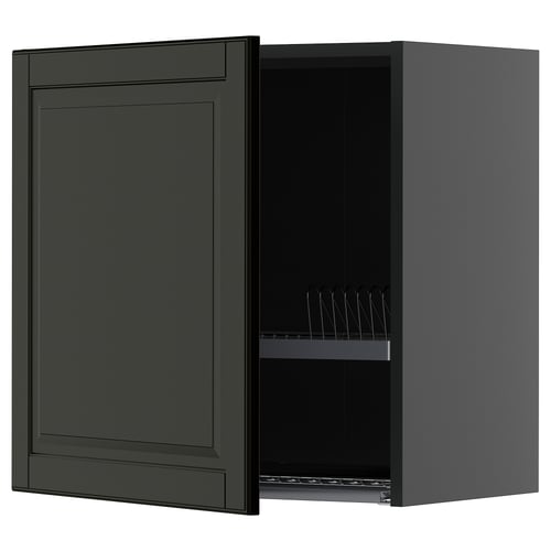 Dark green wall-mounted kitchen cabinet with one door open, revealing wire dish racks inside.