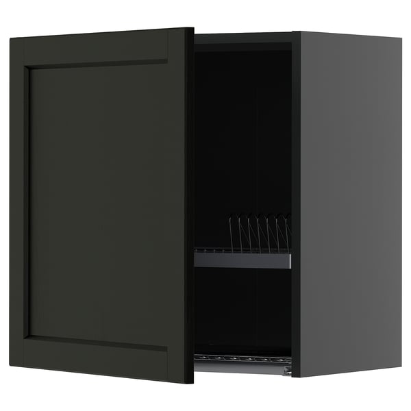 METOD dark grey kitchen cabinet, square, single door open showing shelf, steel interior rack.