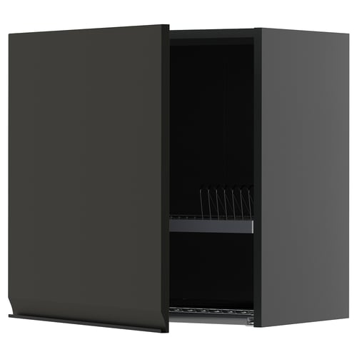 METOD black kitchen cabinet with wire dish drainer and adjustable shelf.