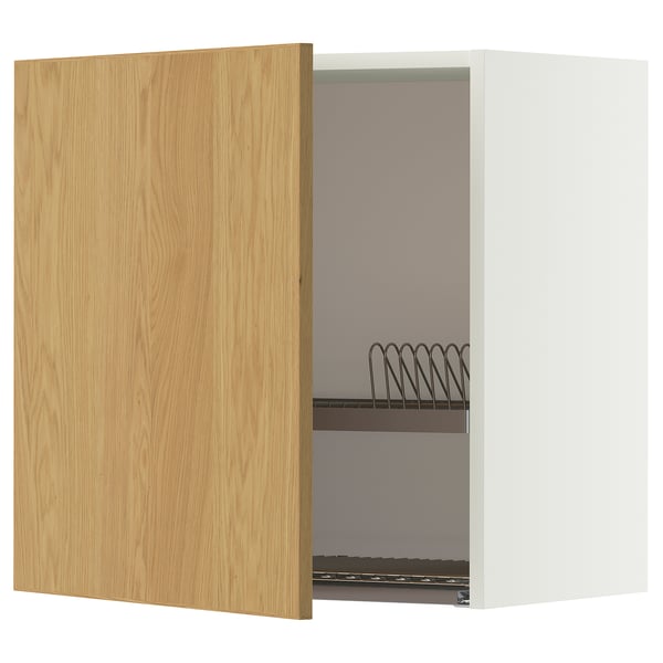 An open METOD wall cabinet with a light wooden door and a built-in dish drainer.