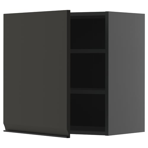 Modern black kitchen cabinet with sleek handle-less design and two shelves.