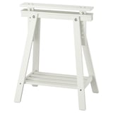 A white MITTBACK trestle table base, featuring adjustable tilt and sturdy wooden legs.