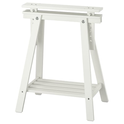 A white MITTBACK trestle table base, featuring adjustable tilt and sturdy wooden legs.