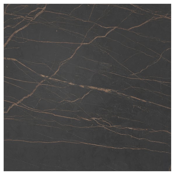 Black MÖCKLARP high-pressure porcelain worktop with gold veins, square shaped, highly polished surface.