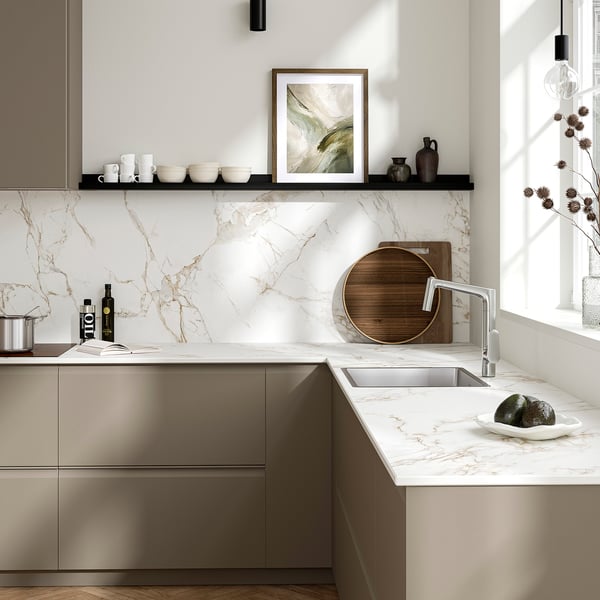 MÖCKLARP Custom made worktop, matt white/marble effect high pressure porcelain, 1 m²x2.0 cm