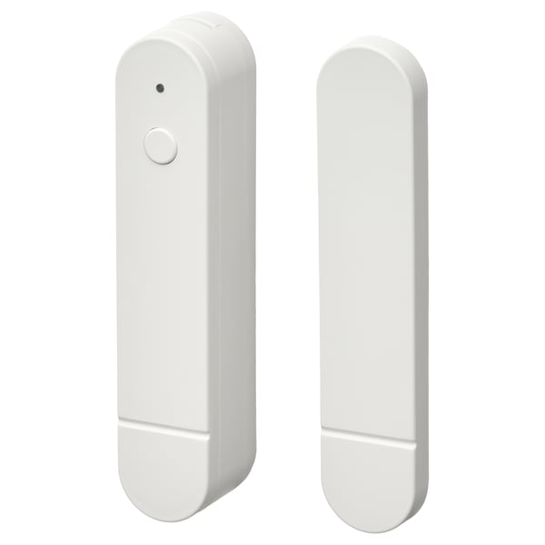 Two white MYGGBETT smart sensors with a circular button and a sleek, elongated design, made of abs plastic.