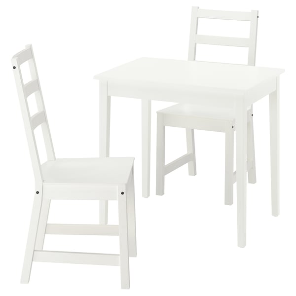 A white NÄSINGE kitchen set, including a square table and two ladder-back chairs.