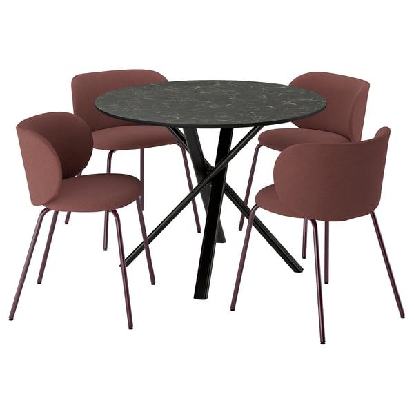 NORRMJÖLE / KRYLBO Table and 4 chairs, black marble effect/Tibbleby dark red, 105 cm