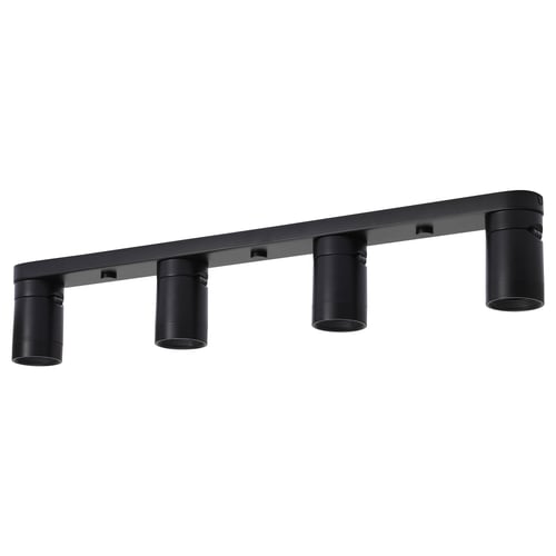 Black NYMÅNE ceiling light with four adjustable spotlights, sleek aluminium design for focused lighting.