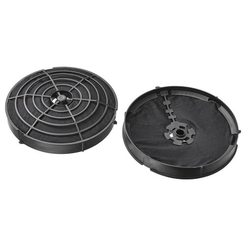 A pair of black round charcoal philtres. One has a grid, the other a mesh with a clip.