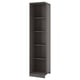 A grey PAX corner wardrobe unit with three empty shelves for storage.