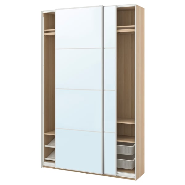 Modern PAX wardrobe, light wood and white, mirrored doors, sliding mechanism, storage shelves.