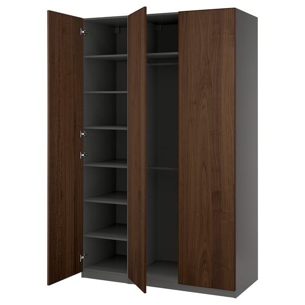 PAX wardrobe, dark brown, wooden doors open showing shelves.