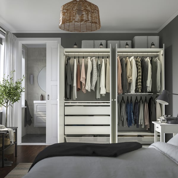 Organised wardrobe with lighting, drawers, shelves, adjustable feet, dampers.