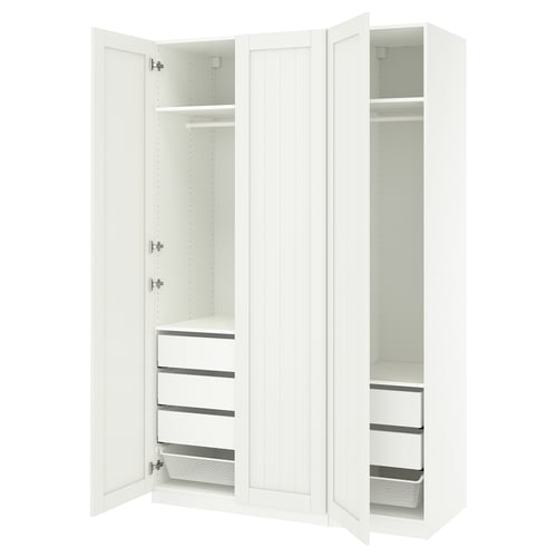 PAX white wardrobe with open doors, displaying storage shelves and drawers.