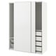 White wardrobe with sliding doors. Has hanging space and drawers inside. Includes mesh baskets and shelves.