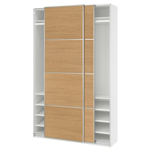 PAX / MEHAMN Wardrobe with sliding doors, white aluminium/double sided oak effect, 150x43x236 cm