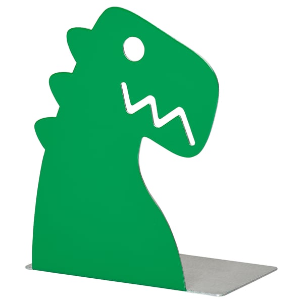 A green dinosaur-shaped bookend, made of aluminium, with a simple and playful design, perfect for organising books.